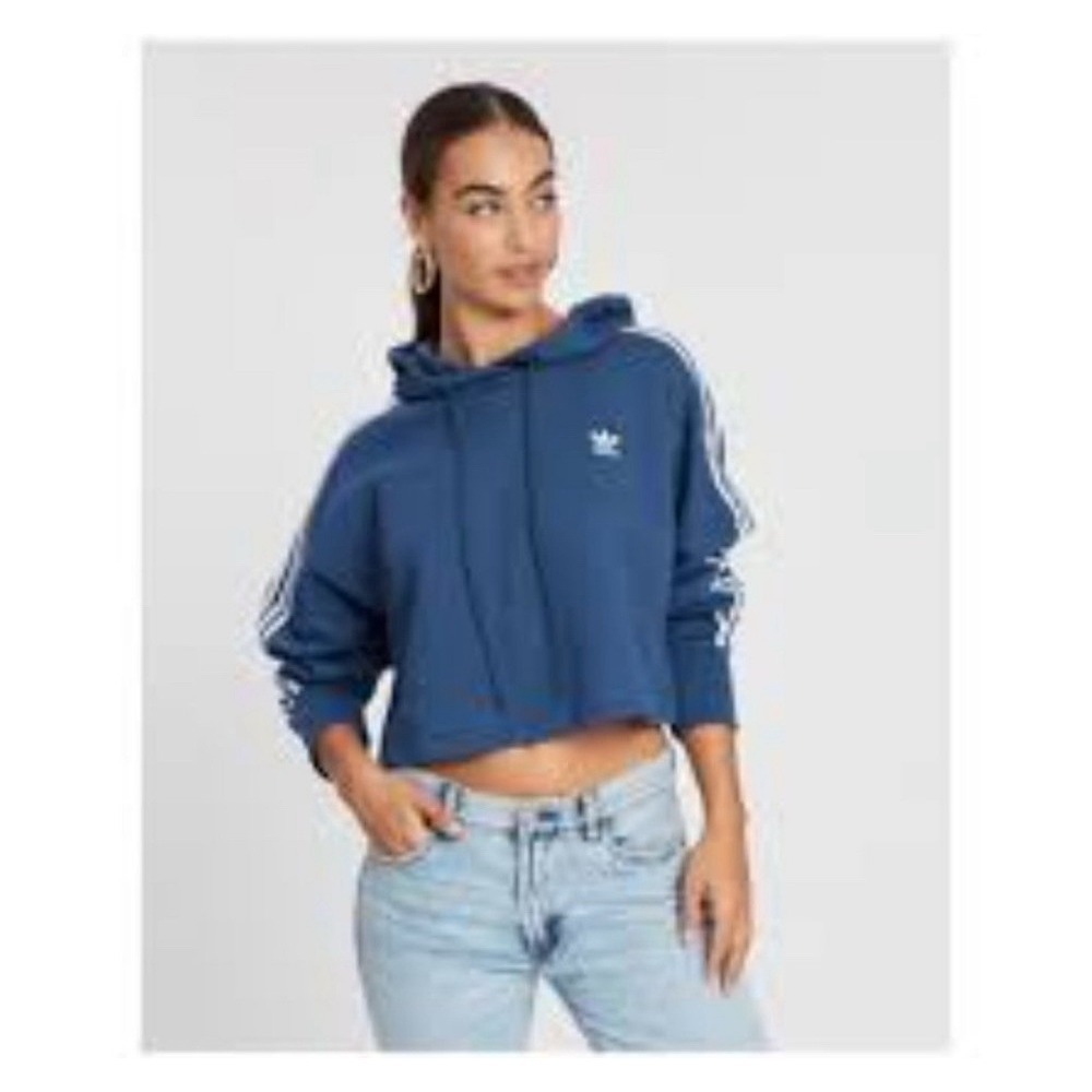 Adidas Blue Cropped Hoodie‎ Three Stripes Medium